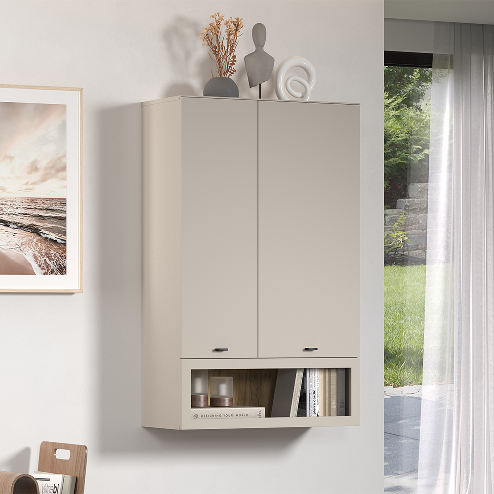 Benvia Wooden Wall Mounted Display Cabinet with 2 Doors in Cashmere and Evoke Oak