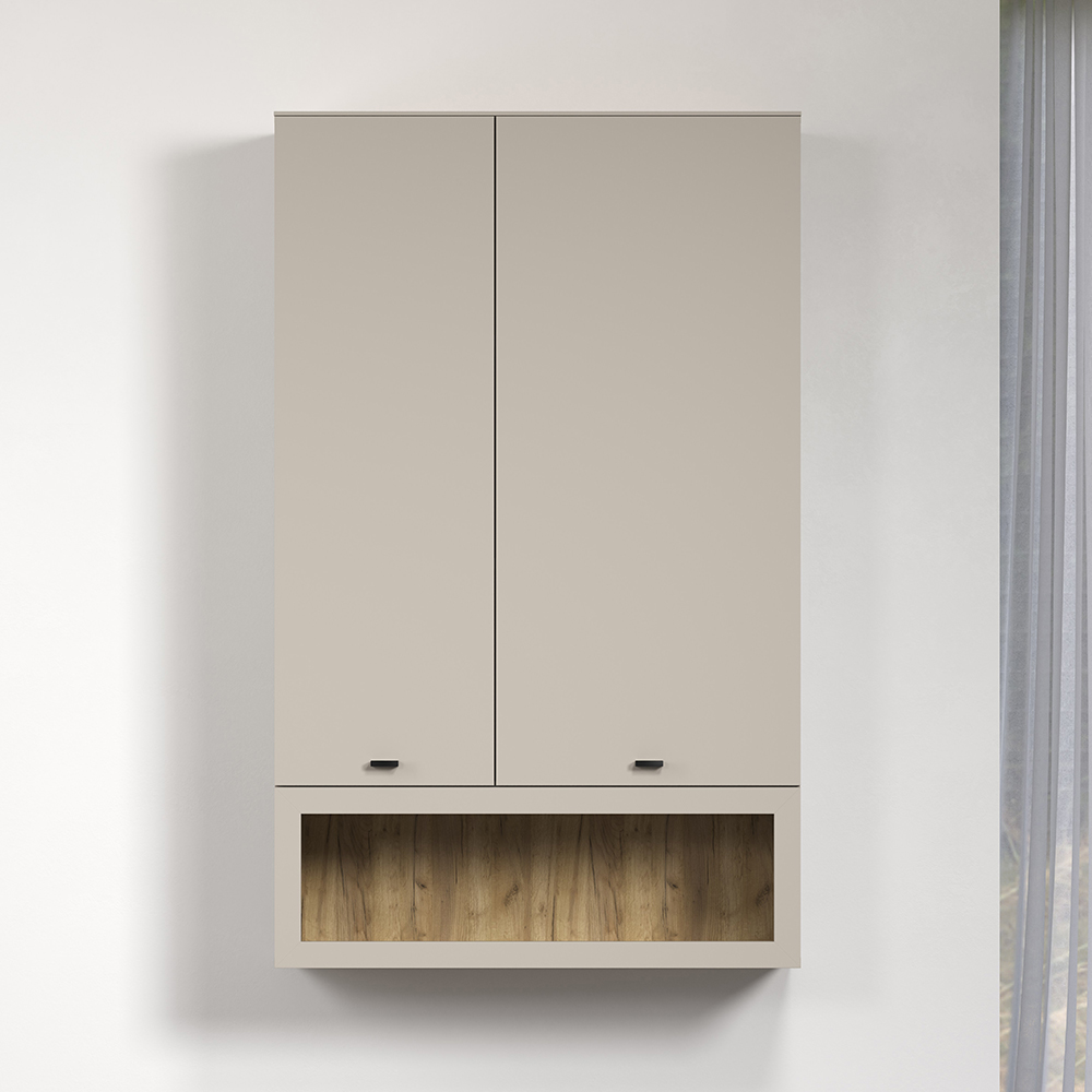 Benvia Wooden Wall Mounted Display Cabinet with 2 Doors in Cashmere and Evoke Oak