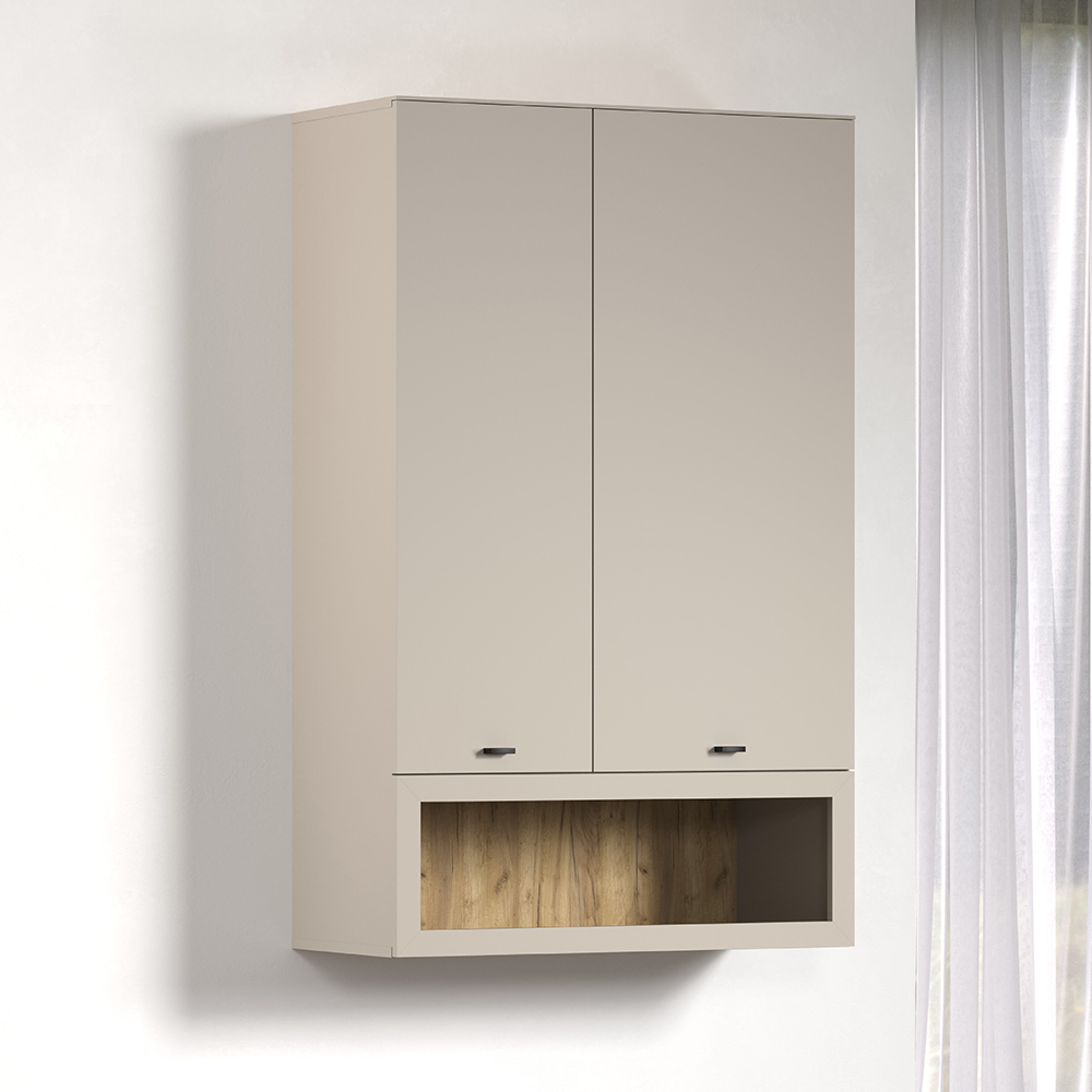 Benvia Wooden Wall Mounted Display Cabinet with 2 Doors in Cashmere and Evoke Oak