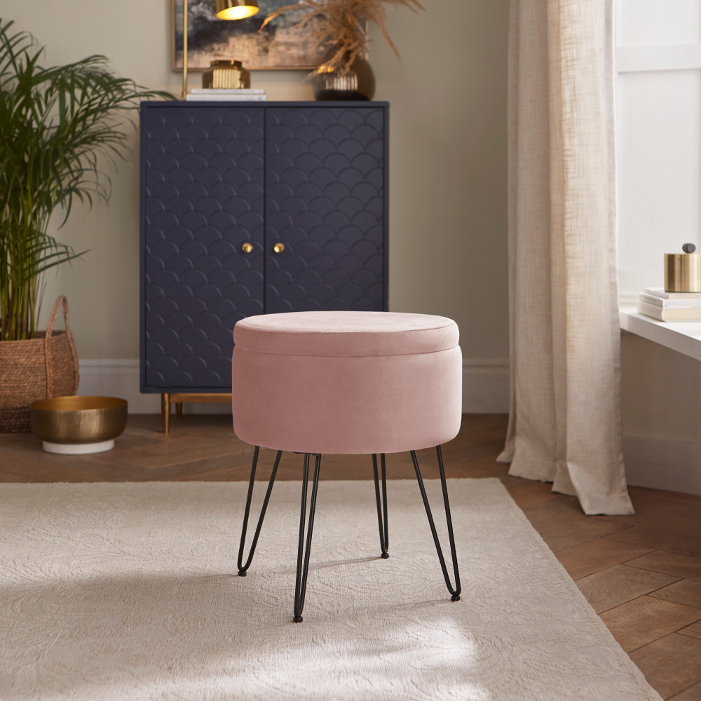 Benvora Velvet Storage Stool in Blush Pink