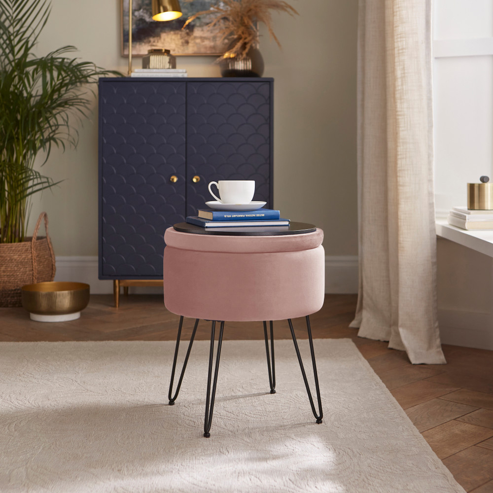 Benvora Velvet Storage Stool in Blush Pink