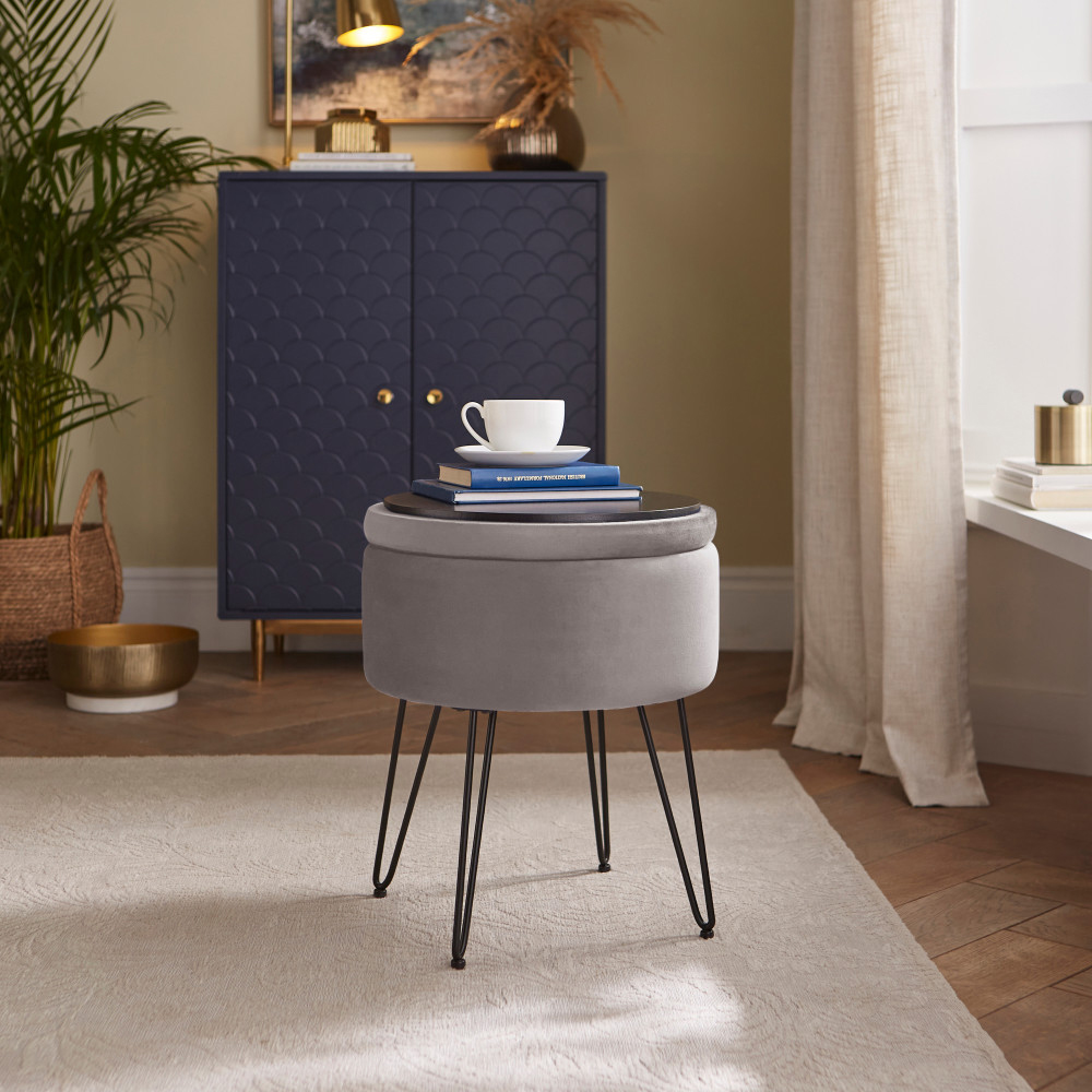 Benvora Velvet Storage Stool in Grey