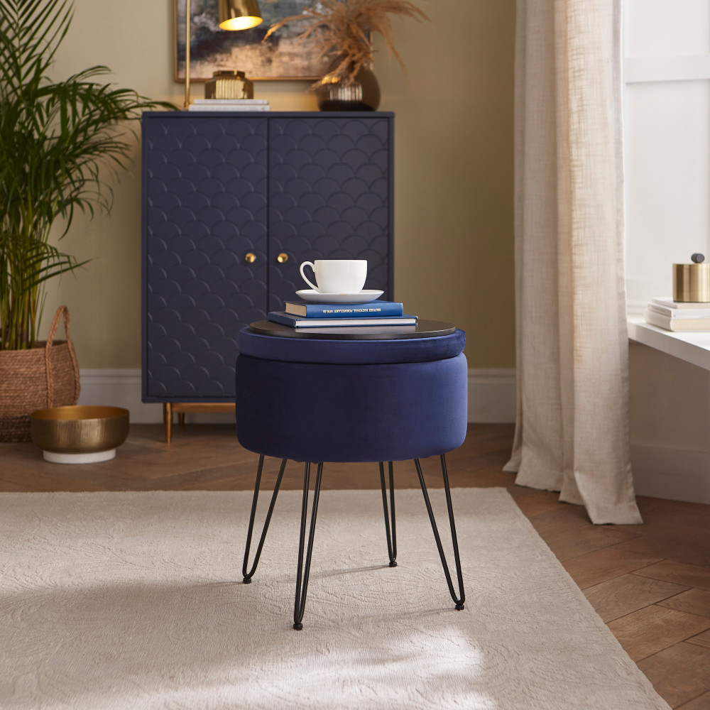 Benvora Velvet Storage Stool in Midnight Blue