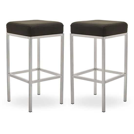 Photo of Baino black leather bar stools with chrome legs in a pair