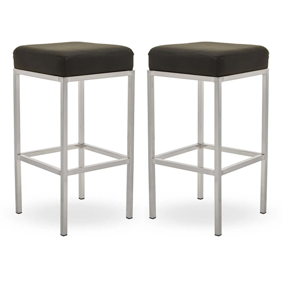 Photo of Baino black leather bar stools with chrome legs in a pair