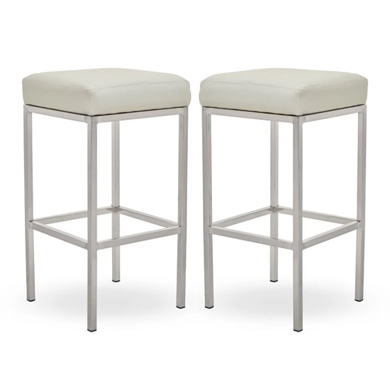 Product photograph of Baino White Leather Bar Stools With Chrome Legs In A Pair from Furniture in Fashion