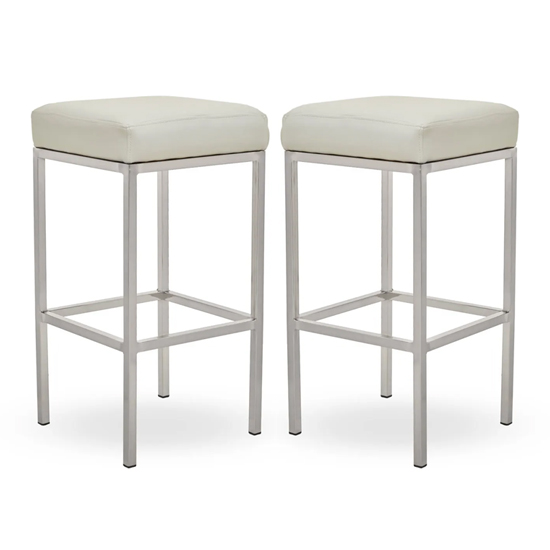 Photo of Baino white leather bar stools with chrome legs in a pair