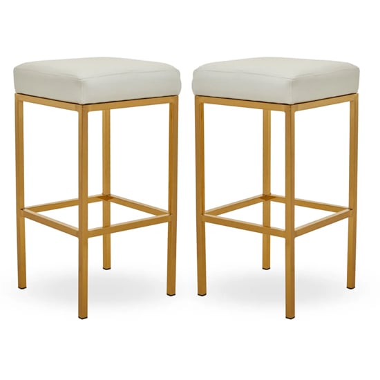 Product photograph of Baino White Leather Bar Stools With Gold Legs In A Pair from Furniture in Fashion