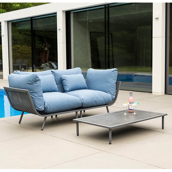Read more about Beox blue fabric 2 seater sofa with pebble coffee table in grey