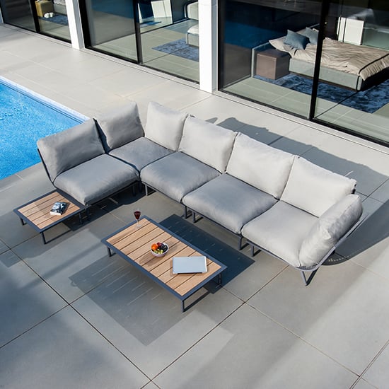 Product photograph of Beox Corner Lounger Set With Roble Coffee And Side Table In Grey from Furniture in Fashion
