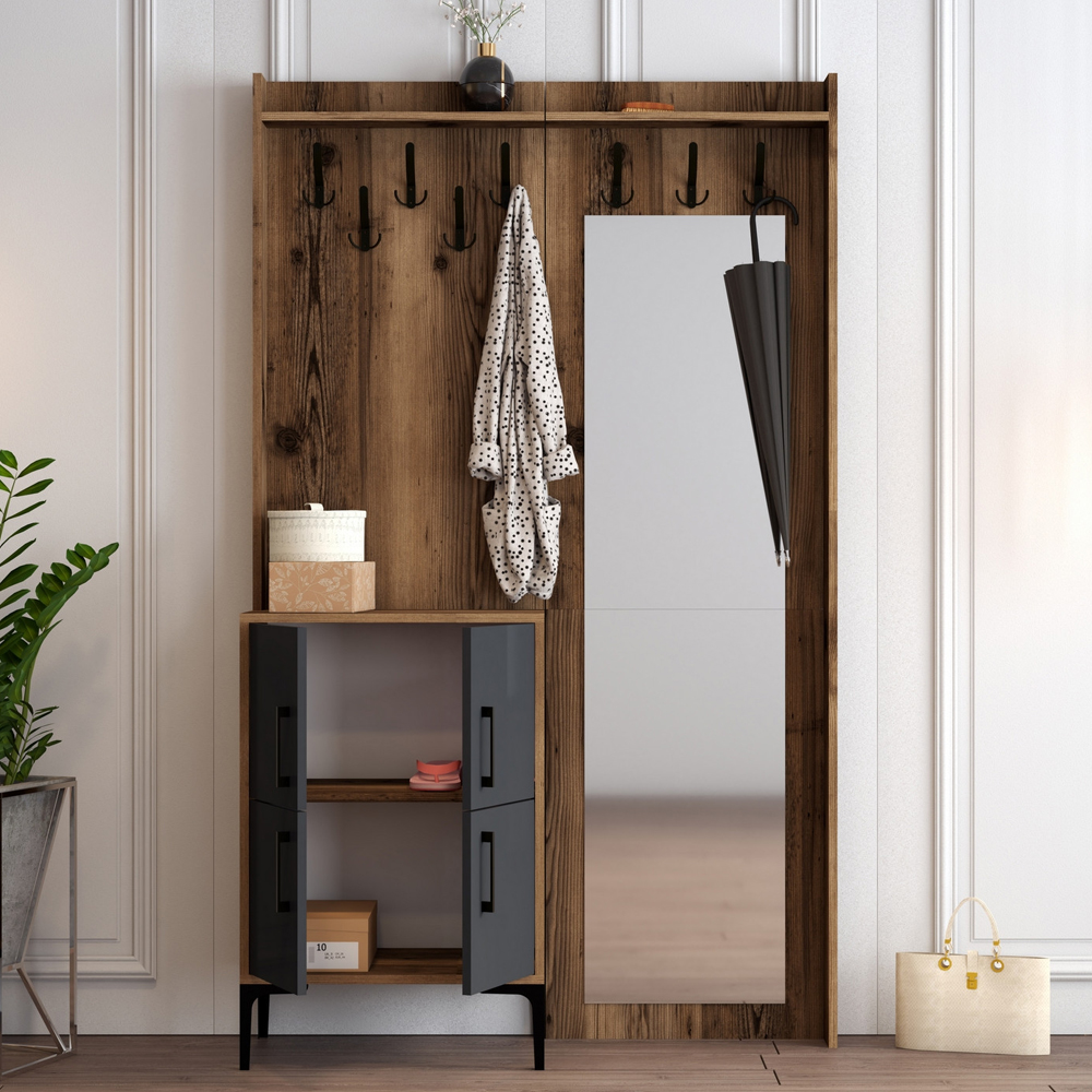 Bergen Wooden Hallway Furniture with 4 Anthracite Doors in Walnut