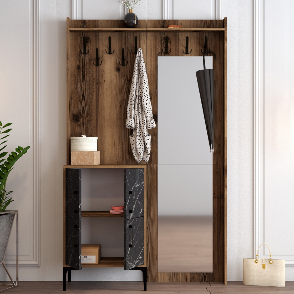 Bergen Wooden Hallway Furniture with 4 Black Doors in Walnut