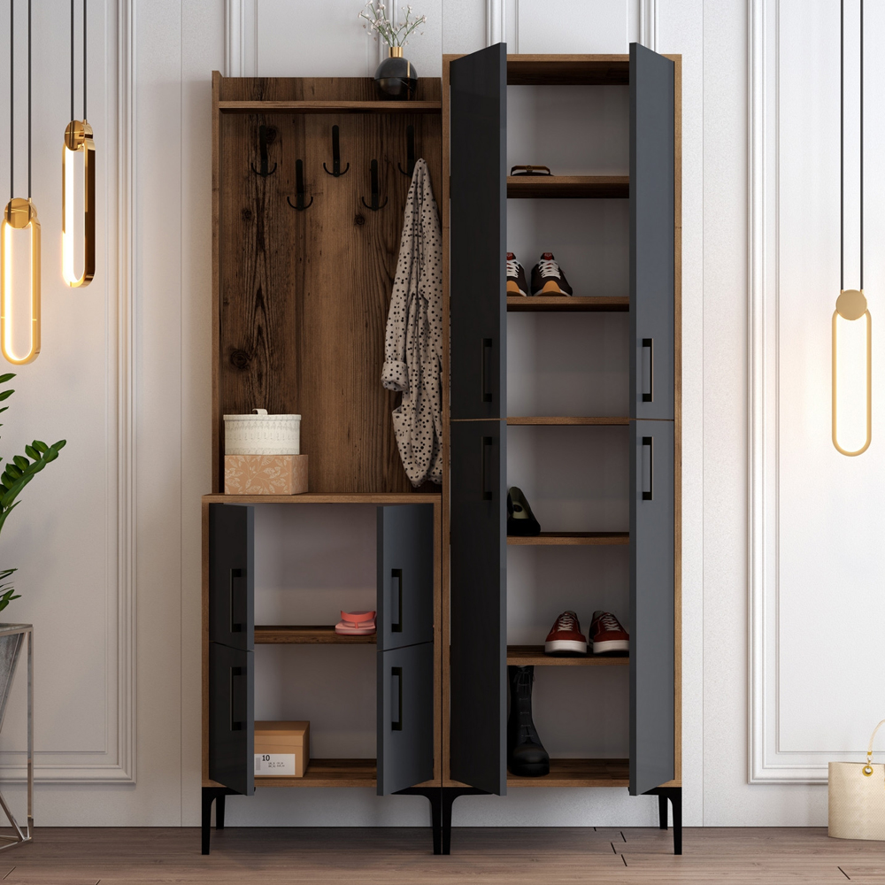 Bergen Wooden Hallway Furniture with Coat Rack in Walnut and Anthracite