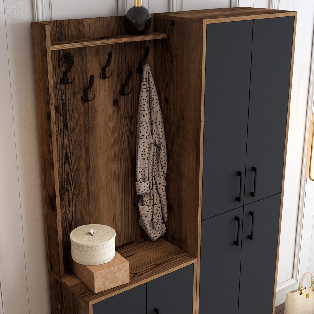 Bergen Wooden Hallway Furniture with Coat Rack in Walnut and Anthracite