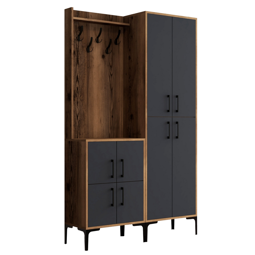 Bergen Wooden Hallway Furniture with Coat Rack in Walnut and Anthracite