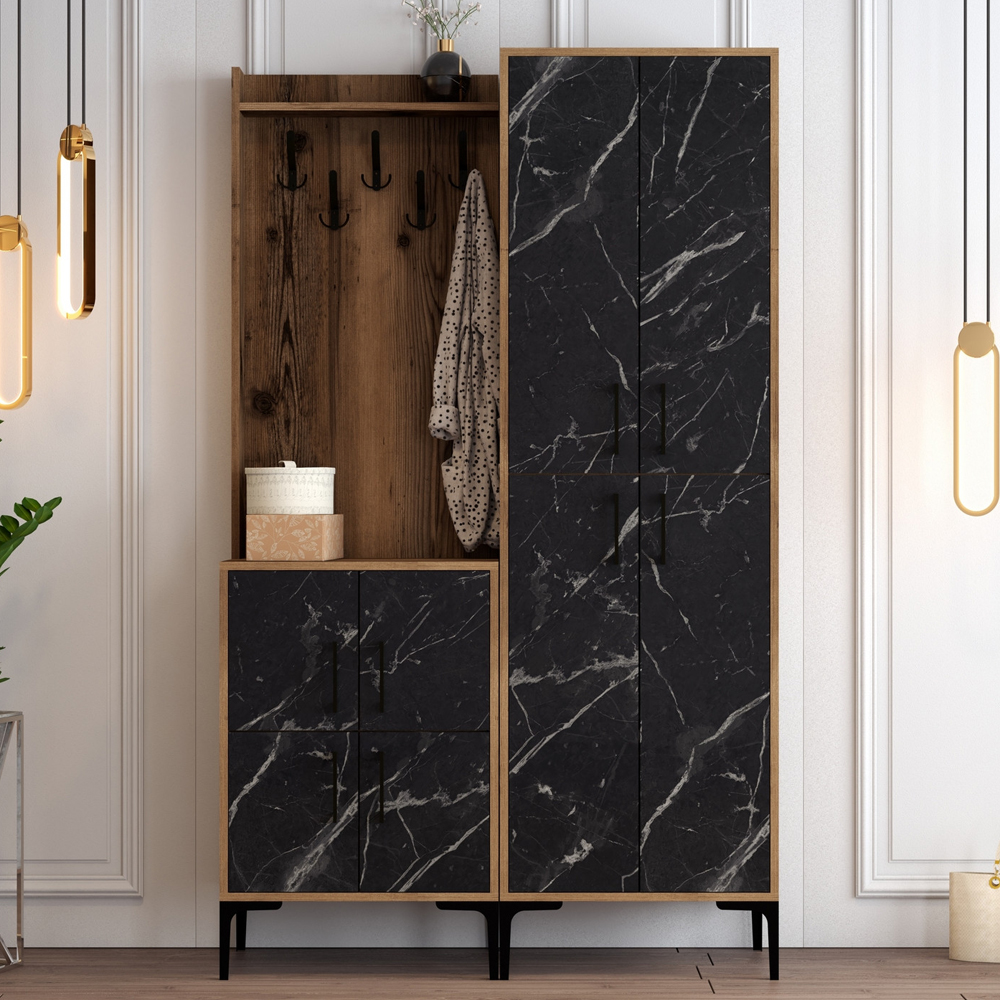 Bergen Wooden Hallway Furniture with Coat Rack in Walnut and Black
