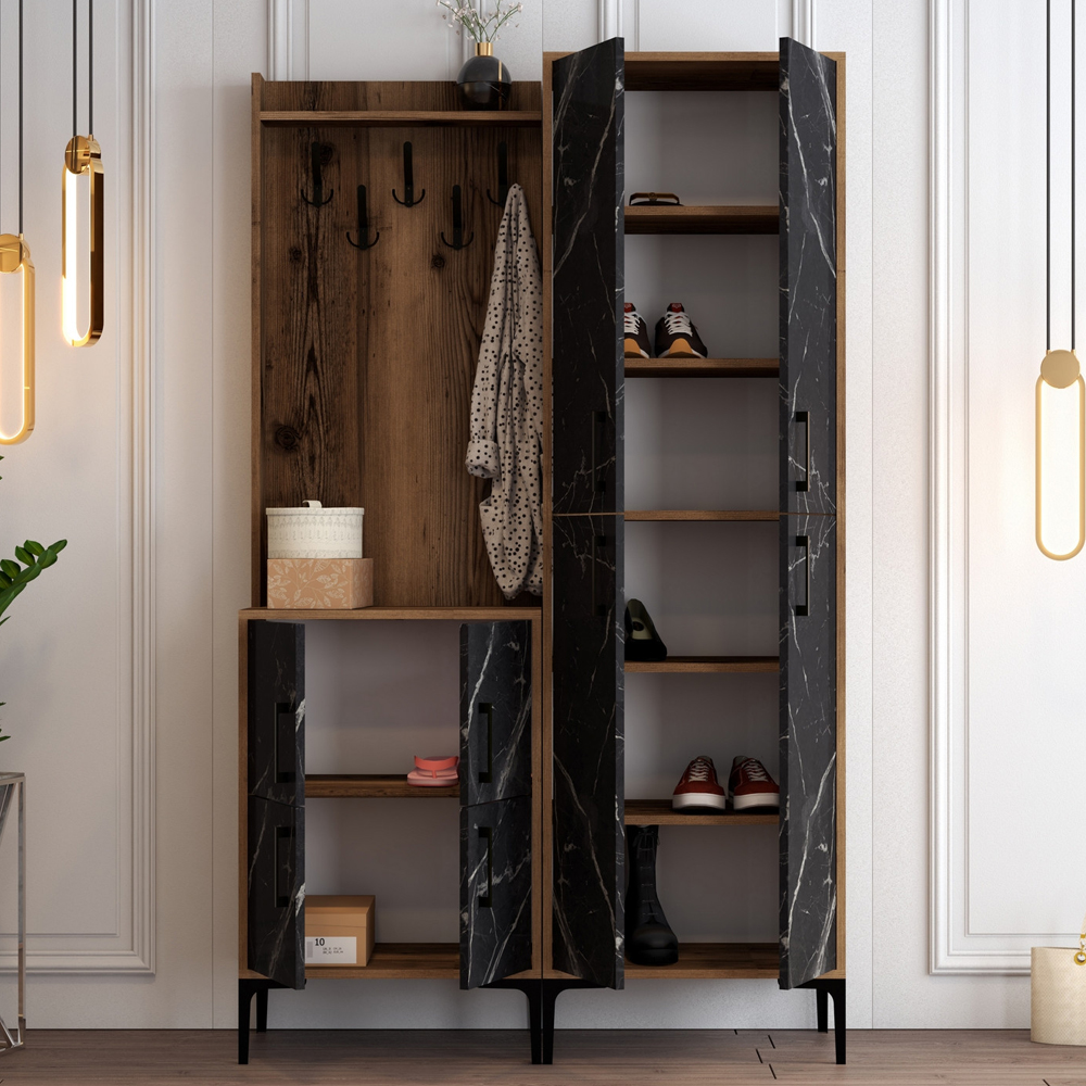 Bergen Wooden Hallway Furniture with Coat Rack in Walnut and Black