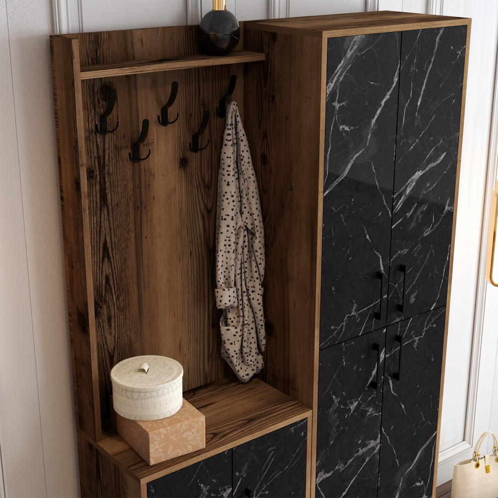 Bergen Wooden Hallway Furniture with Coat Rack in Walnut and Black