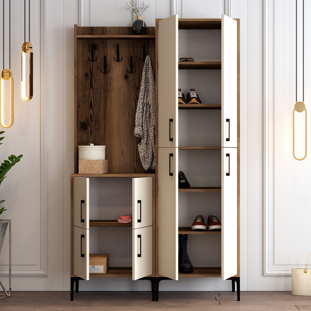 Bergen Wooden Hallway Furniture with Coat Rack in Walnut and Cream