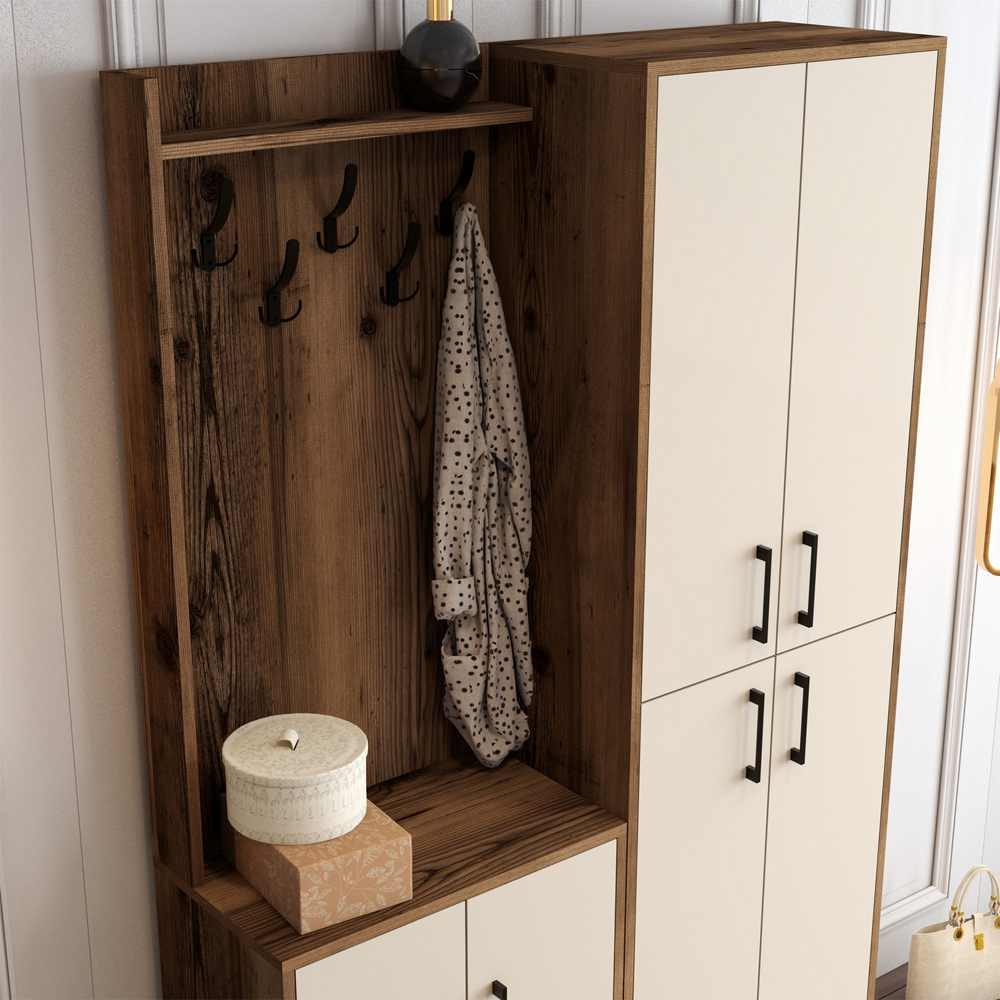 Bergen Wooden Hallway Furniture with Coat Rack in Walnut and Cream