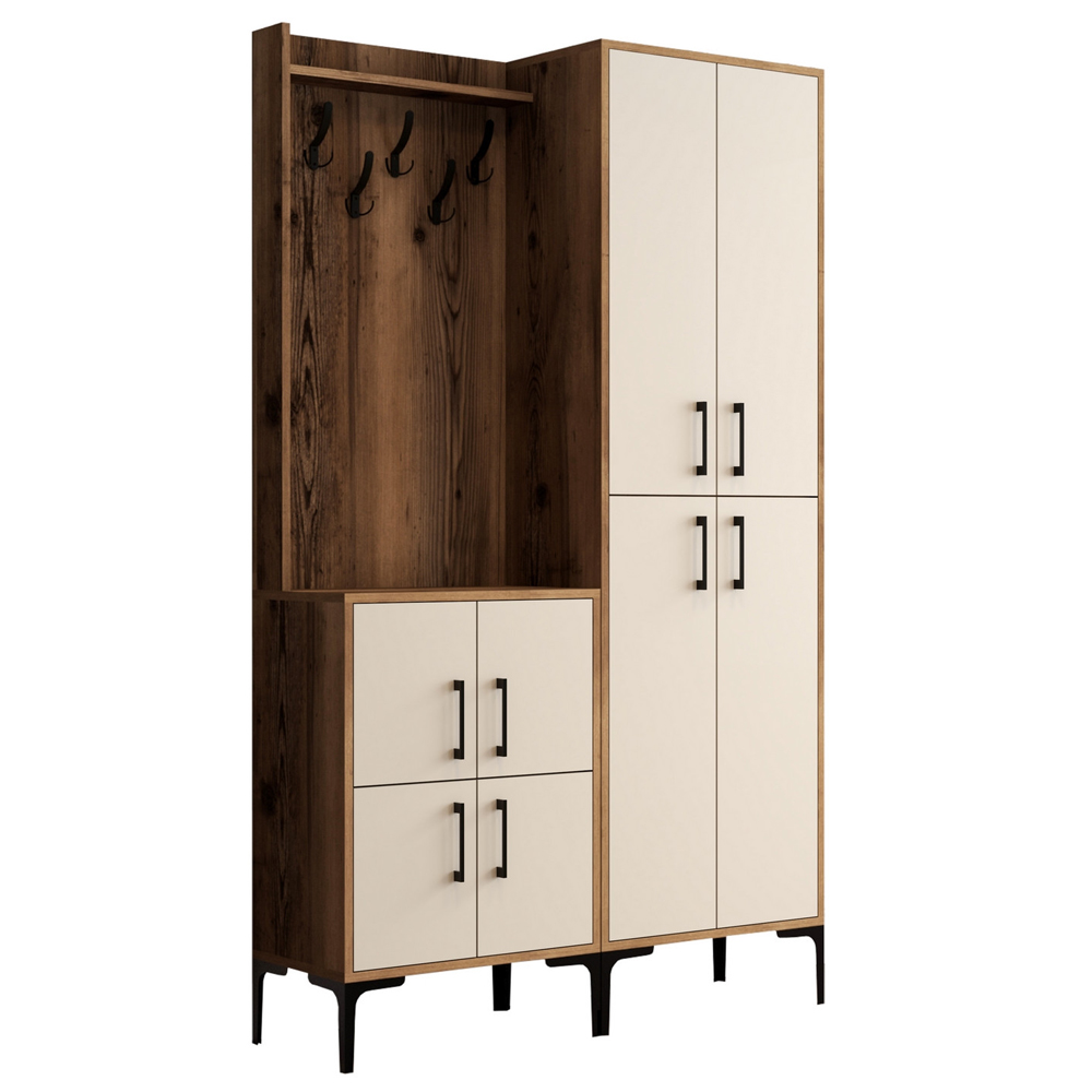 Bergen Wooden Hallway Furniture with Coat Rack in Walnut and Cream