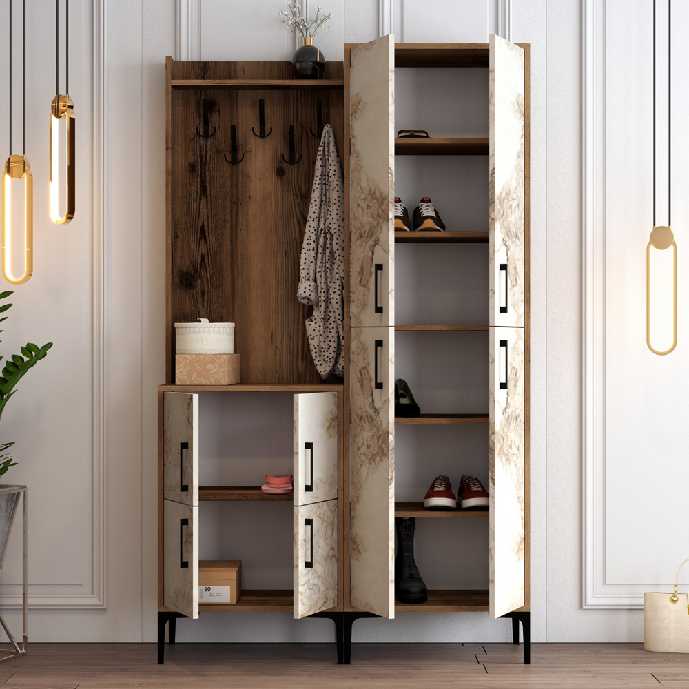 Bergen Wooden Hallway Furniture with Coat Rack in Walnut and Off White