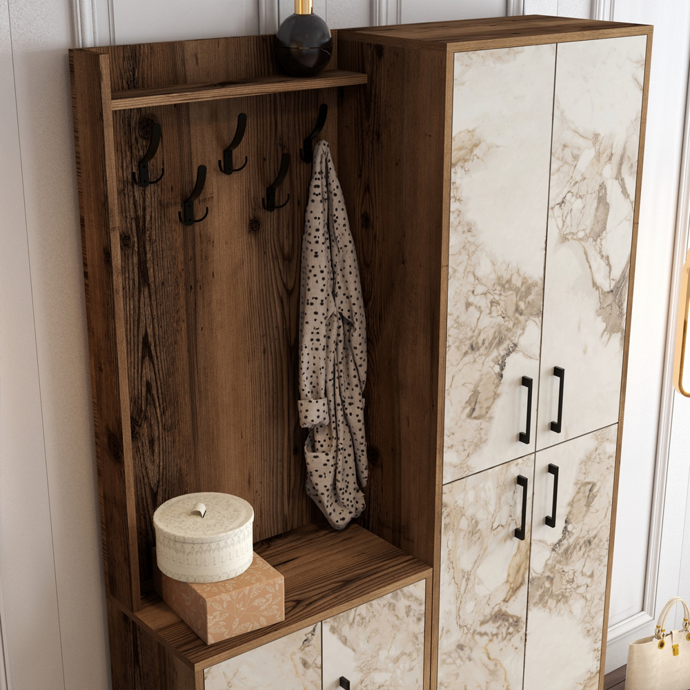 Bergen Wooden Hallway Furniture with Coat Rack in Walnut and Off White