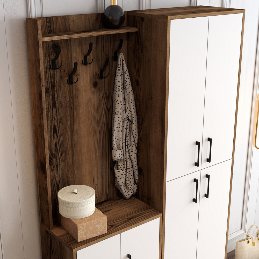 Bergen Wooden Hallway Furniture with Coat Rack in Walnut and White