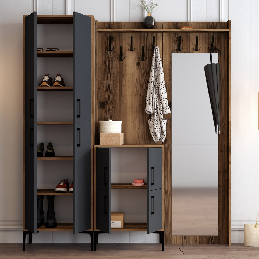 Bergen Wooden Hallway Furniture with Mirror in Walnut and Anthracite