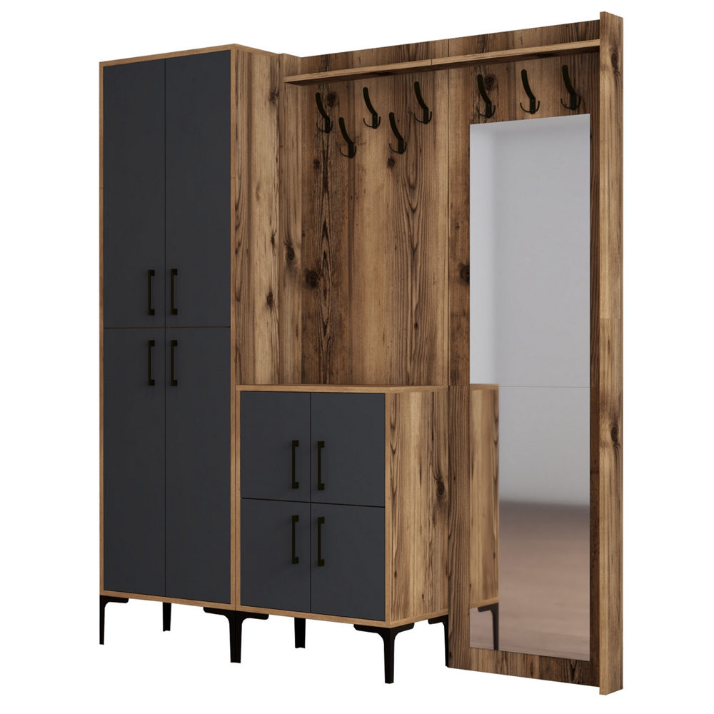 Bergen Wooden Hallway Furniture with Mirror in Walnut and Anthracite