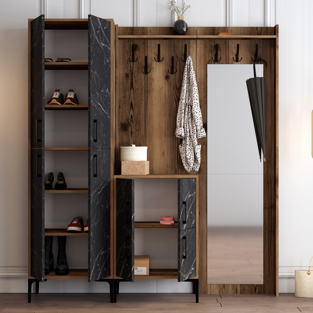 Bergen Wooden Hallway Furniture with Mirror in Walnut and Black