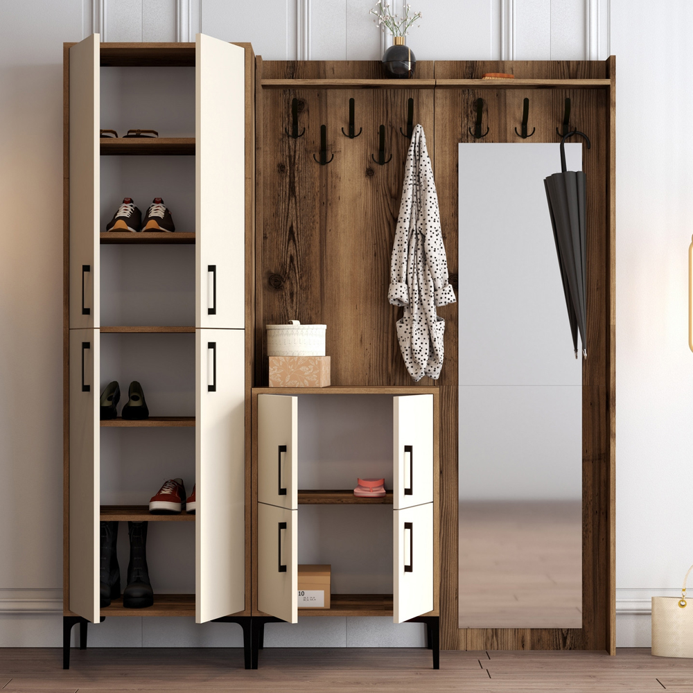 Bergen Wooden Hallway Furniture with Mirror in Walnut and Cream