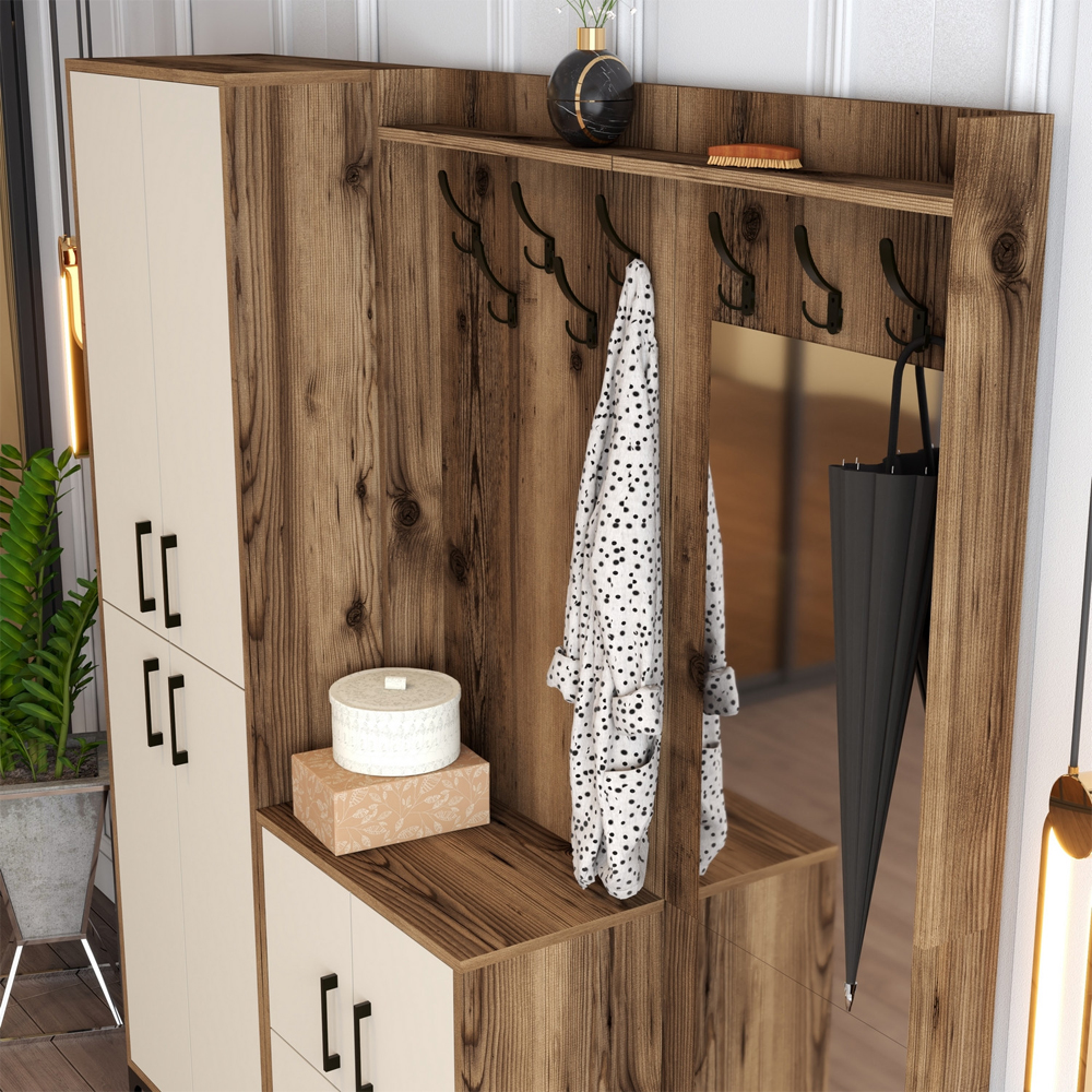 Bergen Wooden Hallway Furniture with Mirror in Walnut and Cream