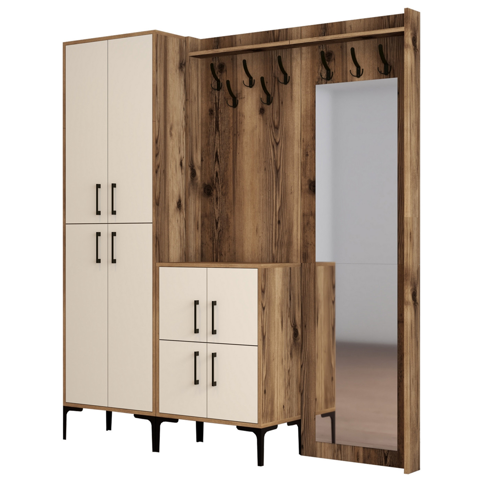 Bergen Wooden Hallway Furniture with Mirror in Walnut and Cream