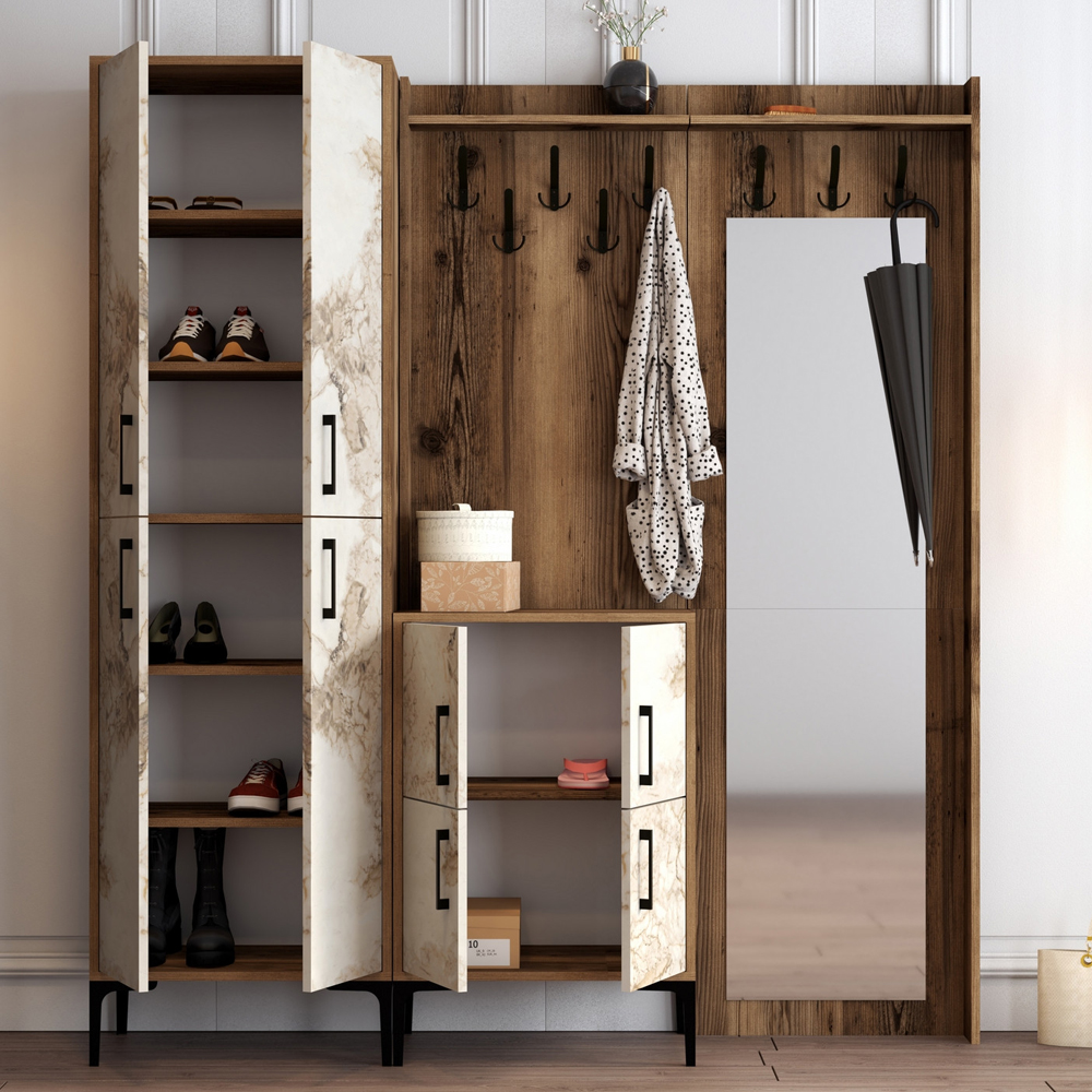 Bergen Wooden Hallway Furniture with Mirror in Walnut and Off White