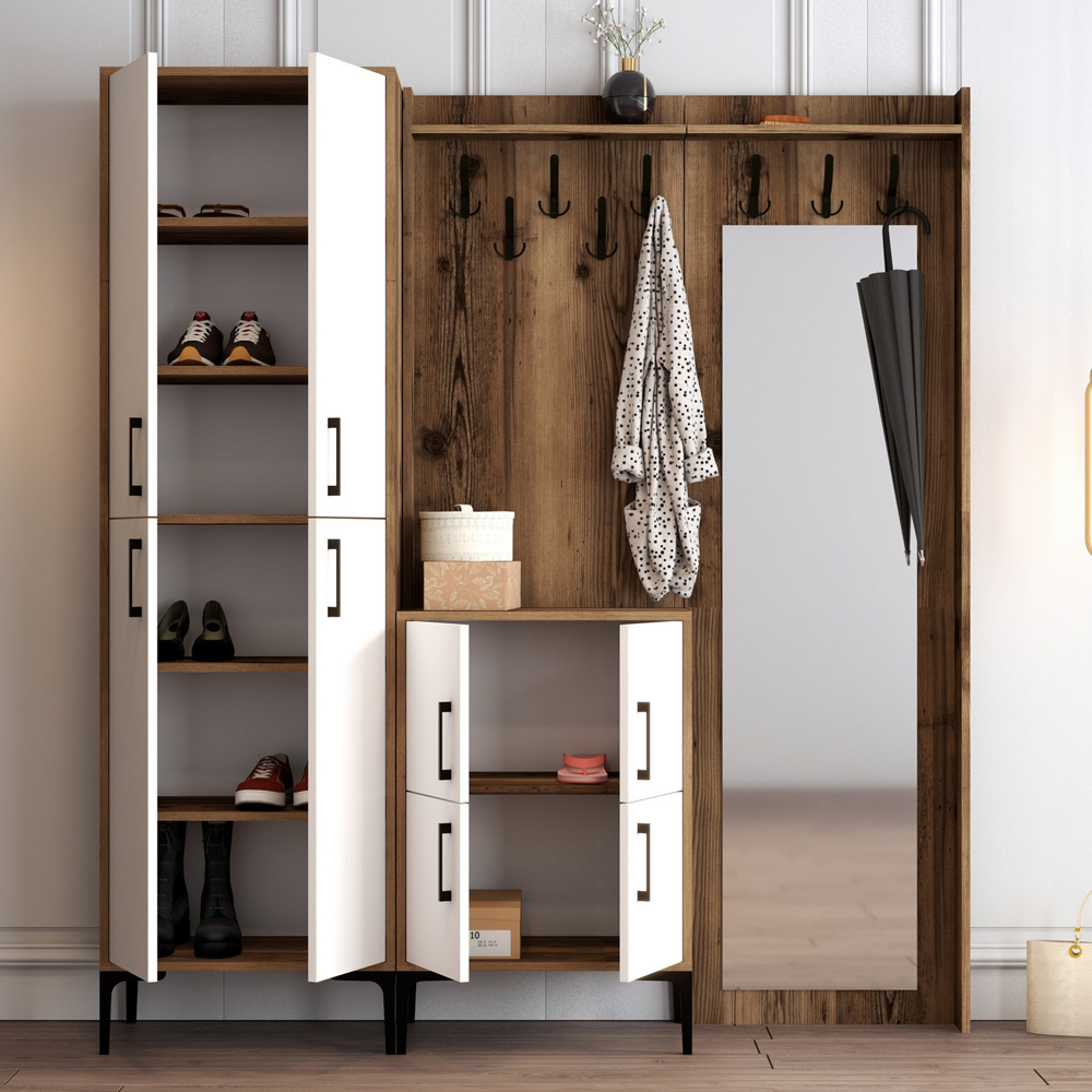 Bergen Wooden Hallway Furniture with Mirror in Walnut and White