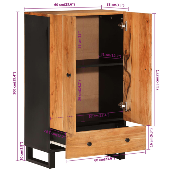 Beril Acacia Solid Wood Highboard With 2 Doors In Brown