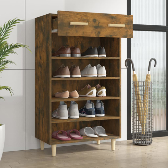 Beril Wooden Shoe Storage Cabinet With Drawer In Smoked Oak