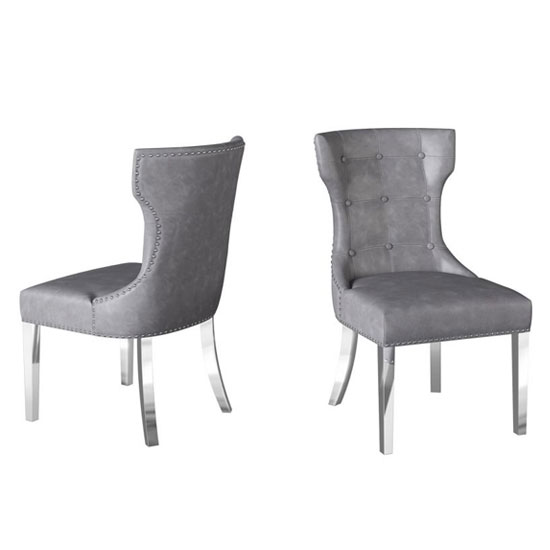 Ansty Cloudy Grey Leather Dining Chair With Silver Leg In Pair