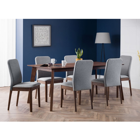 Bates Wooden Dining Table In Walnut With 6 Grey Chairs