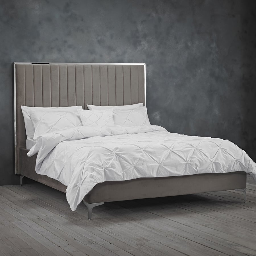 Bedale Velvet Upholstered Double Bed In Mink Grey