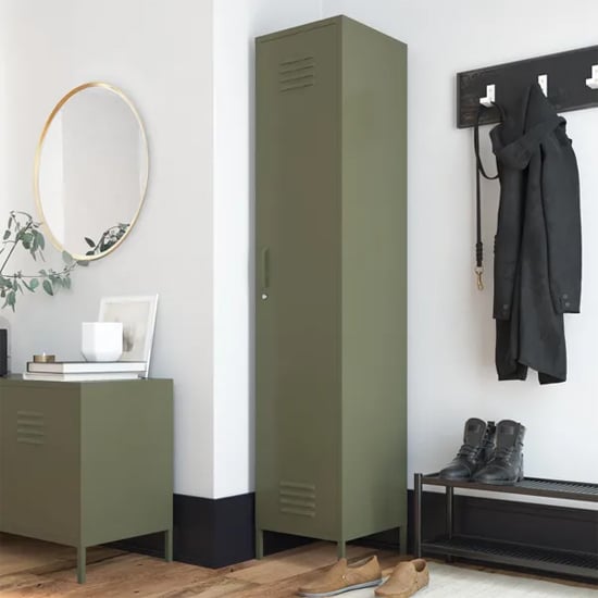 Read more about Berlin metal storage cabinet tall with 1 door in olive green