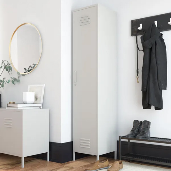 Read more about Berlin metal storage cabinet tall with 1 door in taupe
