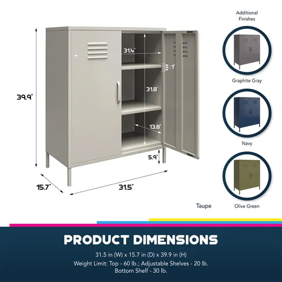 Berlin Metal Storage Cabinet Tall In 2 Doors In Taupe