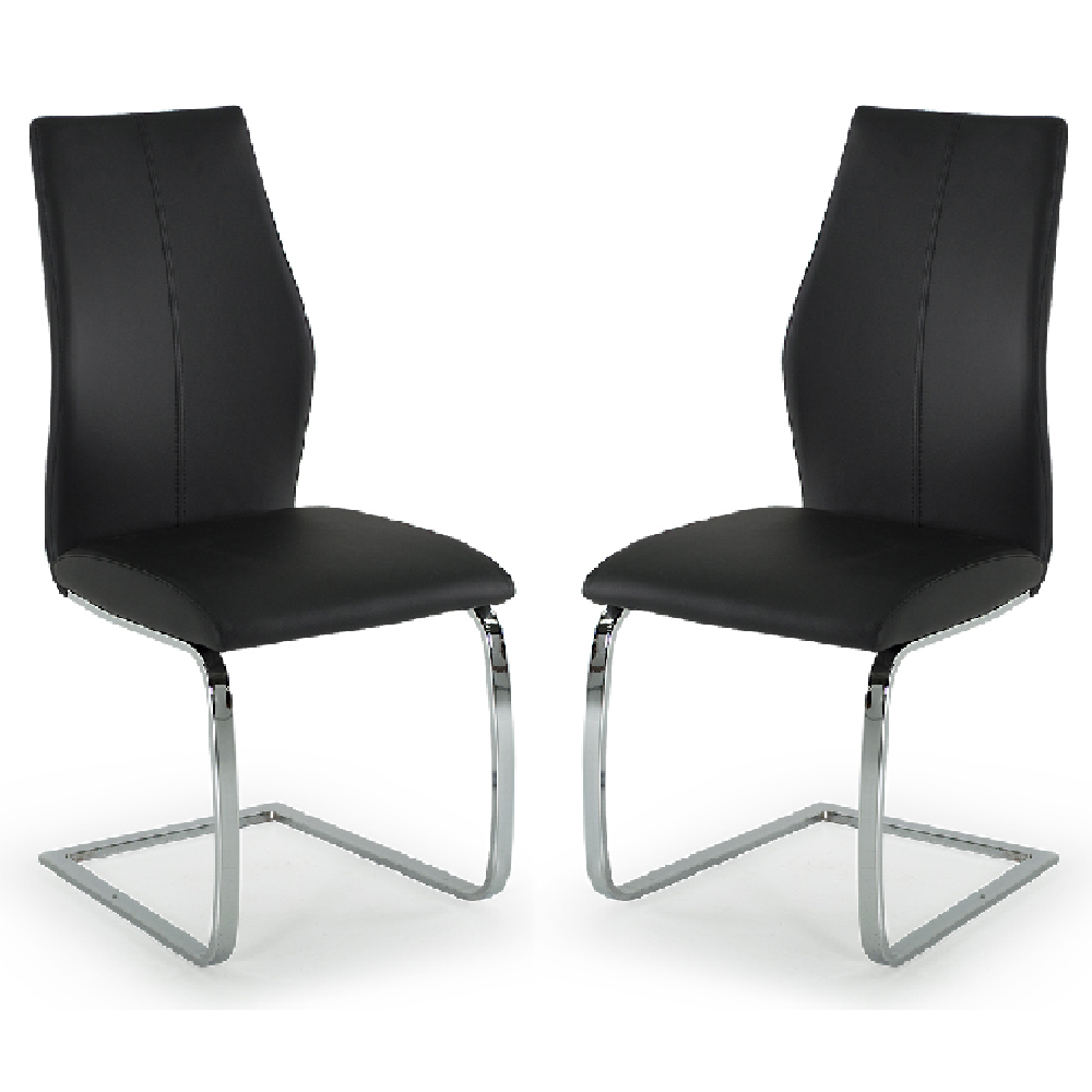 Read more about Bernie black leather dining chairs with chrome legs in pair