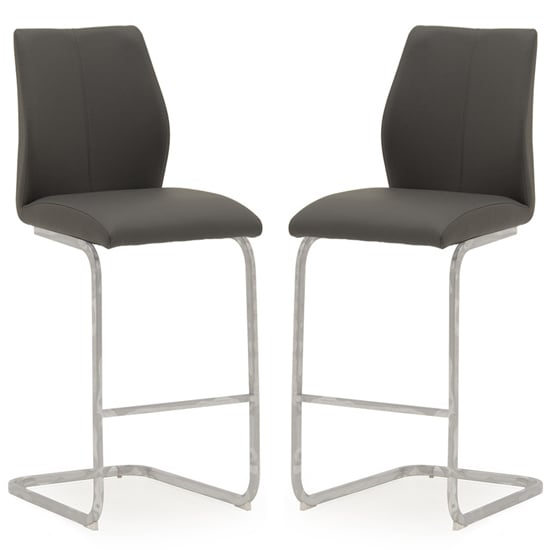 Read more about Bernie grey leather bar chairs with chrome frame in pair
