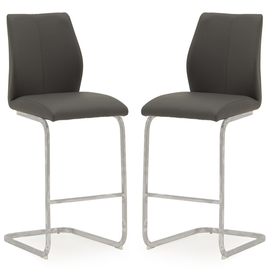 Read more about Bernie grey leather bar chairs with chrome frame in pair