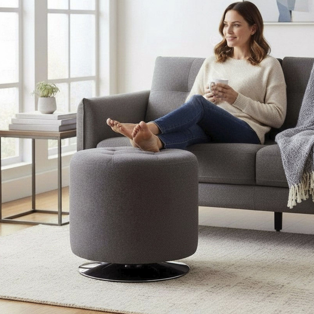 Berto Round Fabric Footstool with Chrome Metal Base in Anthracite