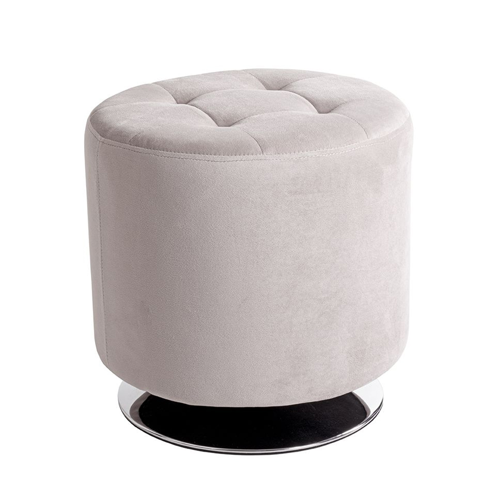 Berto Round Velvet Footstool with Chrome Metal Base in Cashmere Grey