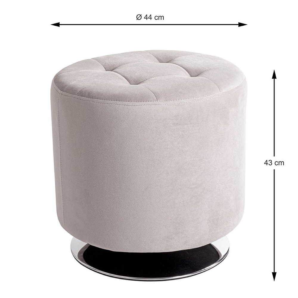 Berto Round Velvet Footstool with Chrome Metal Base in Cashmere Grey